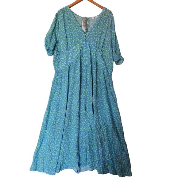 Mango Flowy Flower Printed Dress size 18 NWT Blue Green Button Front 3XL - Picture 3 of 15